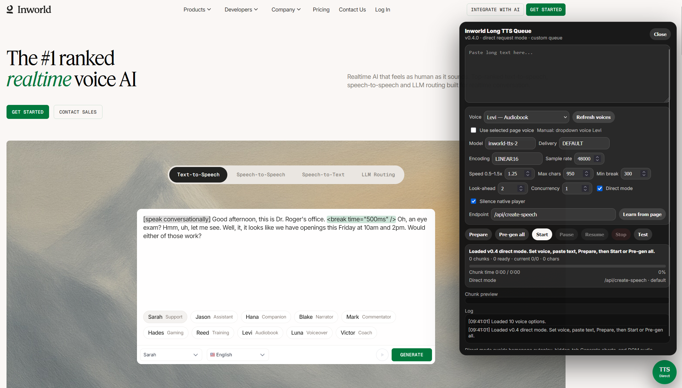 VoxInfinity running on the supported Inworld homepage text-to-speech widget.
